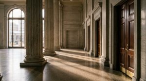 An empty federal courtroom hallway with marble columns and soft sunlight.