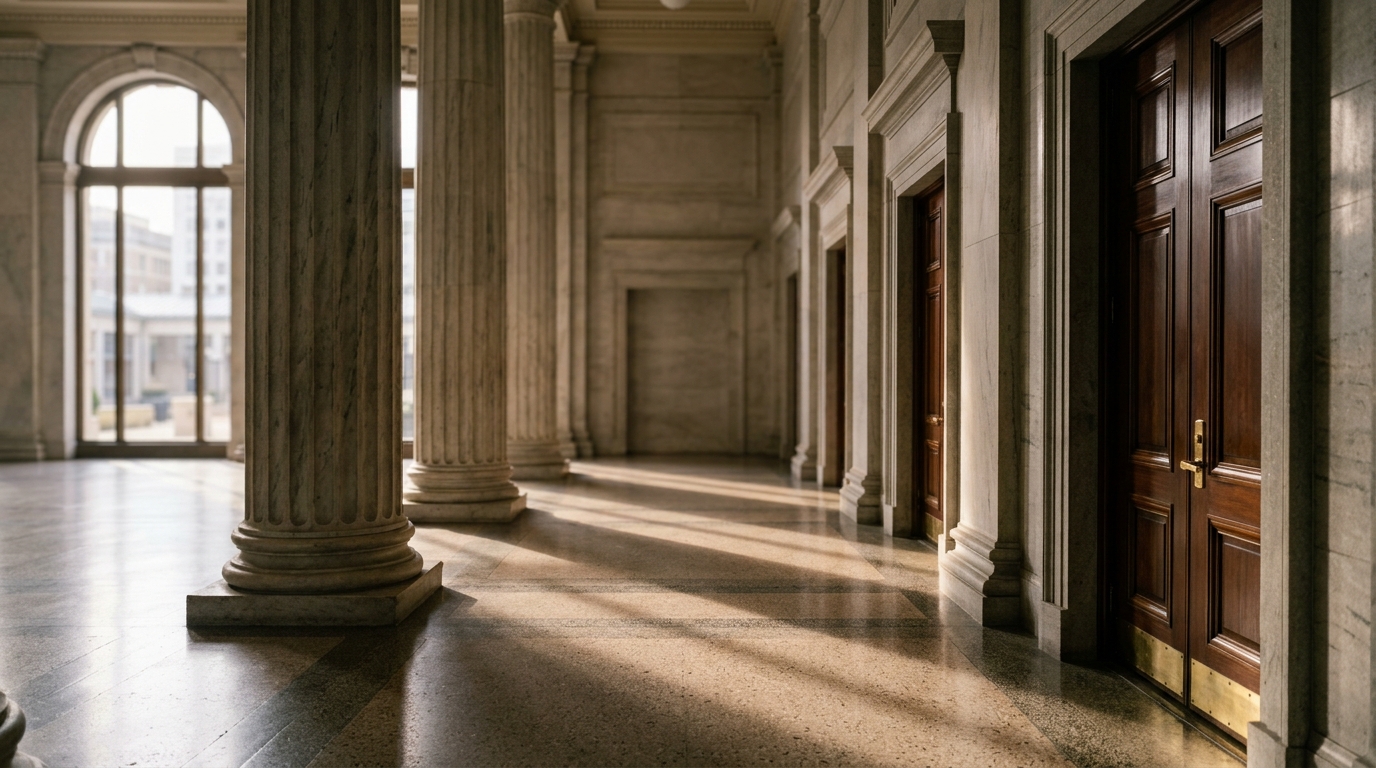 An empty federal courtroom hallway with marble columns and soft sunlight.