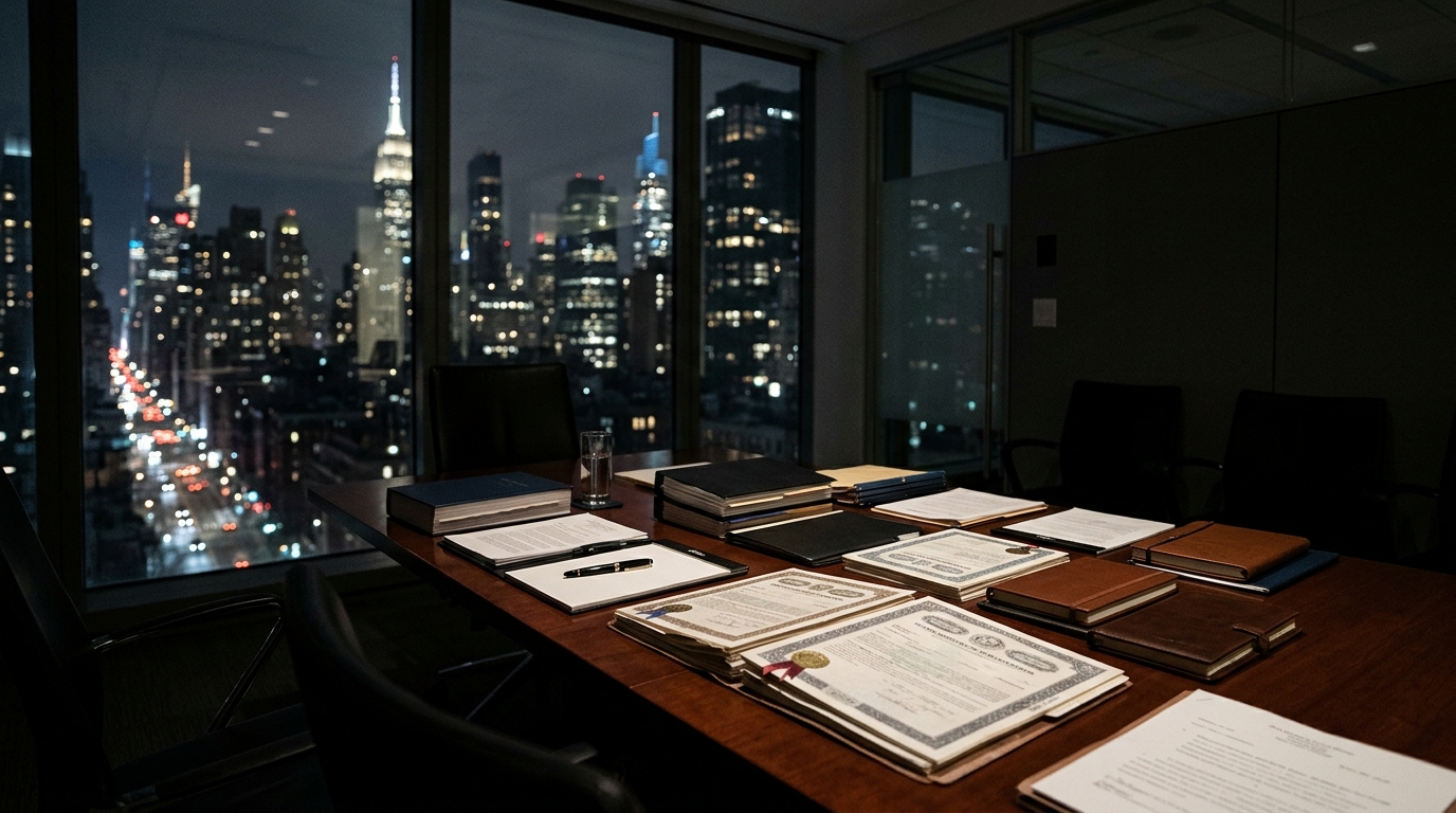 Legal briefs and corporate bond documents on a dark mahogany conference table overlooking a city at night.