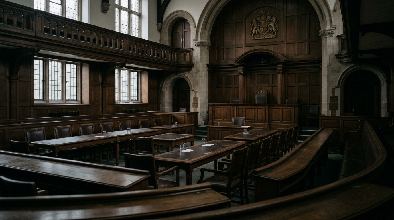 An empty wooden desk inside a quiet court chamber.